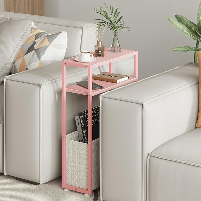 Narrow Side Table, Slim End Tables with Fabric Basket, Skinny Table for Small Spaces, Thin Bedside Table for Living Room, Bedroom (1, Jelly Pink + Cream White)