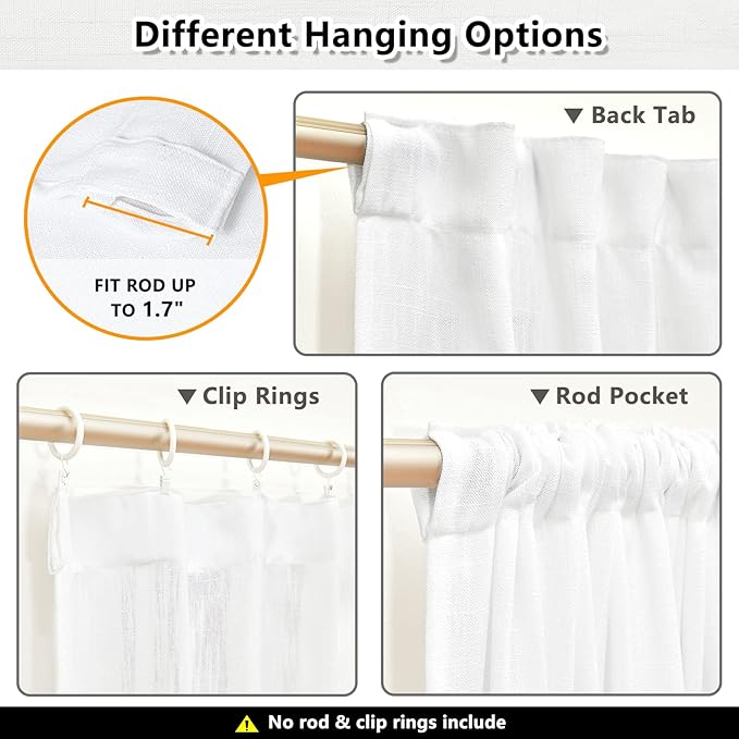 MYSKY HOME Short Curtains for Small Kitchen Windows 45 inches Length, Linen Look Curtain Drapes Cotton Polyester Blend, Soft Fabric Light Filtering Privacy Protect, 50 x 45 inches, White, 2 PCs