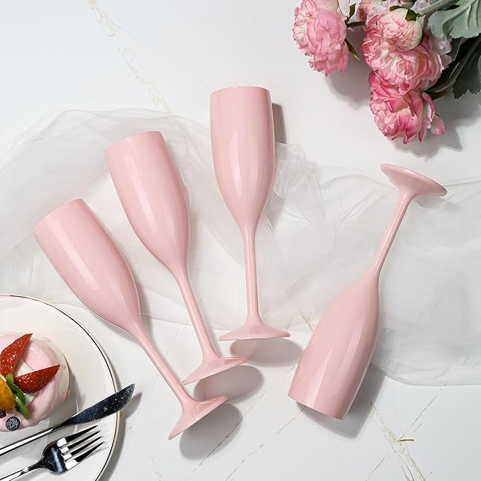 XUWAIDSGN Acrylic Champagne Flutes Toasting Glasses Unbreakable Mimosa Bar Reusable Wine Glasses Vintage Champagne Flutes Stemmed Drinking Cups 5.4 OZ for Christmas Birthday (100, Pink)