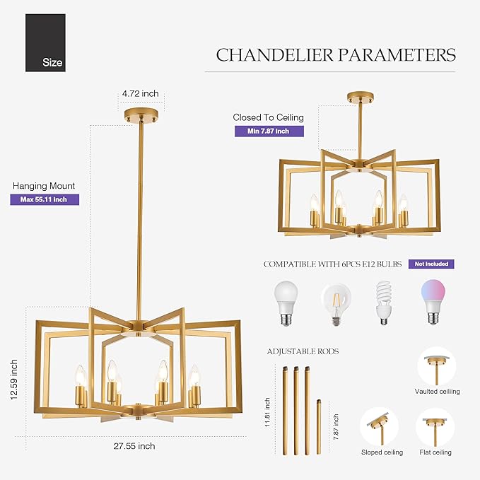 Modern Farmhouse Gold Chandeliers for Dining Room, 8-Light Industrial Metal Chandeliers Geometric Pendant Lights Kitchen Island for Entryway Stairway Foyer Hallway