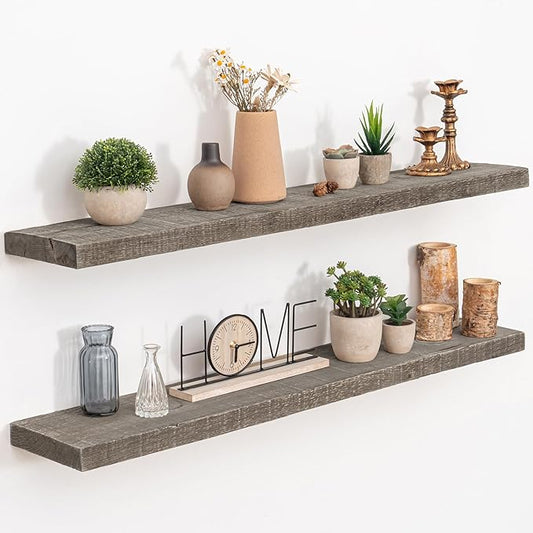 Floating Shelves Reclaimed Barnwood, 8" Deep Solid Wood Floating Shelf Wall Hanging Shelves with Invisible Heavy-Duty Metal Bracket | Wall Mounted | Farmhouse Style | 40 inches,2PCS,Grey