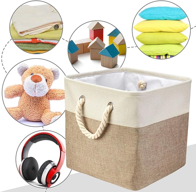 i BKGOO 3Pack Large Foldable Storage Bins，Collapsible Sturdy Cationic Fabric Organizing Storage Basket Cube with Cotton Handles for Home Office Shelf Clothes Toys White-Khaki 13×13×13 inch