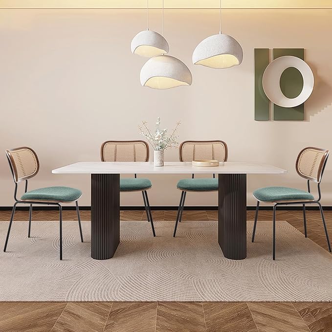 Rattan Dining Chairs Set of 4, Mid Century Modern Dining Chairs with Cane Back for Kitchen Dining Room, 19 Inch Fabric Green