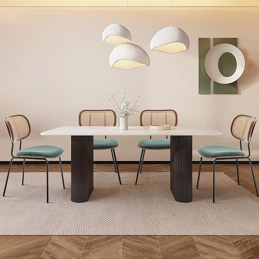 Rattan Dining Chairs Set of 4, Mid Century Modern Dining Chairs with Cane Back for Kitchen Dining Room, 19 Inch Fabric Green