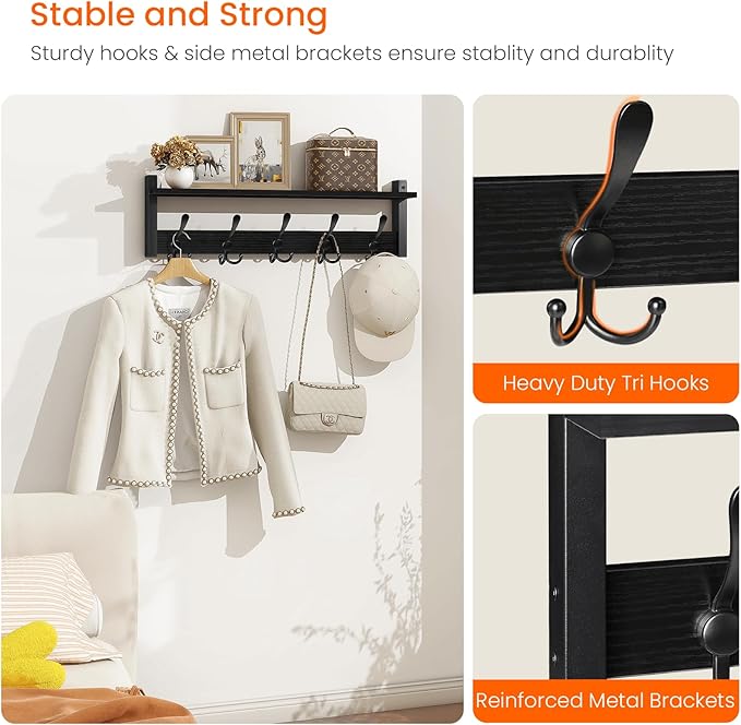 Homode Coat Rack with Shelf, 24" Coat Hooks Wall Mounted with Shelf, Wooden Hanging Coat Hanger with Tri Hooks for Entryway, Bathroom, Mudroom, Bedroom, Black