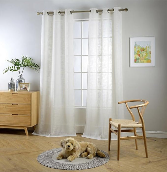 MIUCO Semi Sheer Curtains Poly Linen Textured Solid Grommet Curtains 84 Inches Long for Bedroom 2 Panels (2 x 37 Wide x 84" Long) Beige