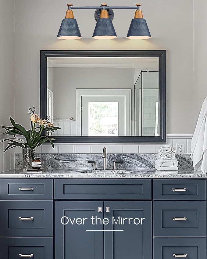 FEMILA Bathroom Vanity Light, 3-Light Modern Bathroom Light Fixture with Hammered Metal Shade Finish, Dark Blue Wall Sconce Lamp Lighting for Bedroom, 4FG59B-3W Blue