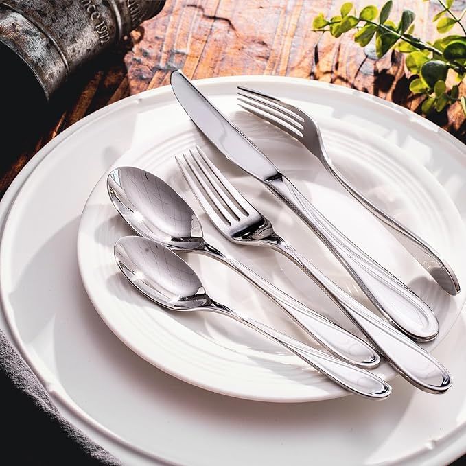 HIKAA Wave Design Silverware Set Service for 8, 40-Piece Artistic Stainless Steel Flatware Set with Fibonacci Pattern, Heavy Duty Mirror Polished Cutlery Set