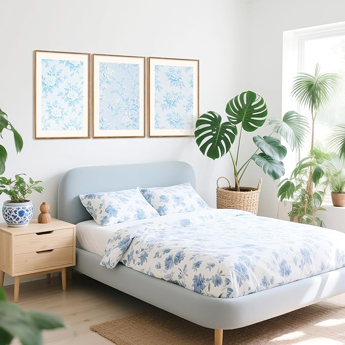 HPNIUB Large Classic Chinoiserie Floral Framed Canvas Wall Art Set, Watercolor Blue and White Flower Rose Wall Decor, Blue Minimalist Wildflower Art Print for Living Room,Bedroom,Office-16 x24 x3