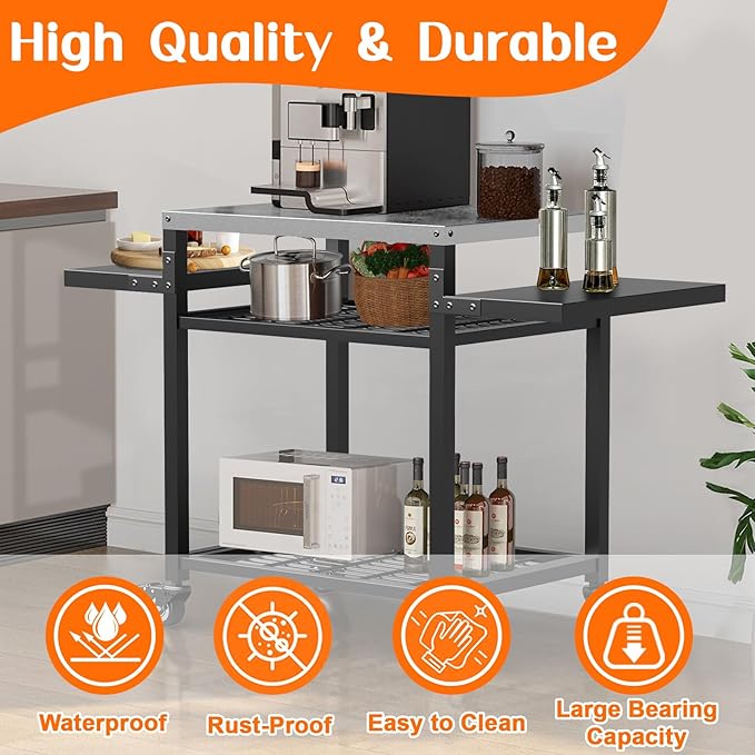 Outdoor Grill Table, Stainless Steel Grill Cart for Blackstone Griddle, Pizza Oven Stand for Onni, Kitchen Cooking Prep Table BBQ Cart for Party, Bar, Camping