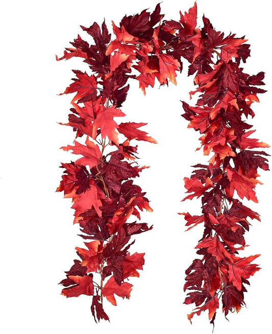 DearHouse 2 Pack Fall Garland Maple Leaf, 5.9Ft/Piece Hanging Vine Garland Artificial Autumn Foliage Garland Thanksgiving Decor for Home Wedding Fireplace Party Christmas (Dark Red)