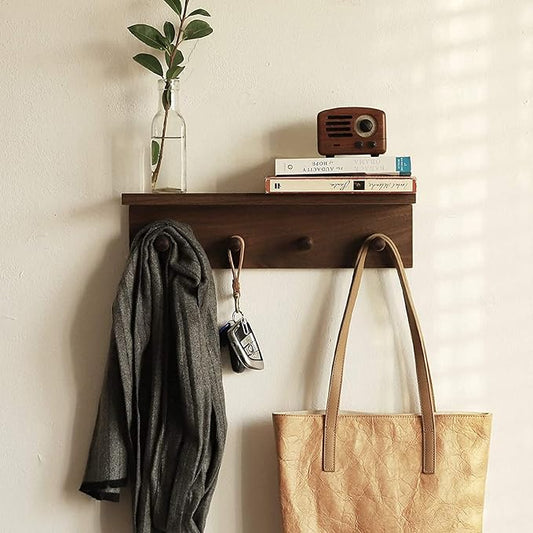 Entrance Coat Rack ，Coat Hooks, Wall-Mounted Wooden Hook Rack, Wall-Mounted Shelves are Very Suitable (Walnut Colored Finish-1)