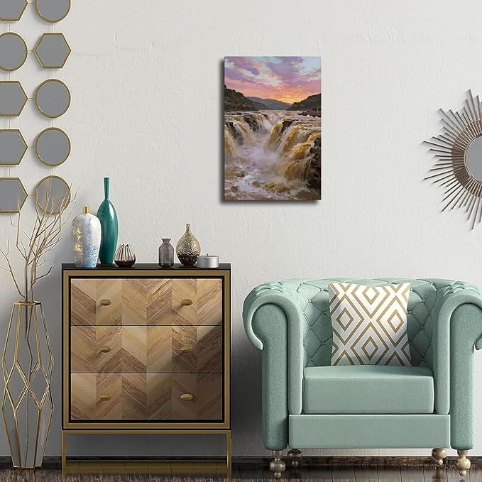 The surging waterfall scenery in the canyon is suitable for posting in the living room bedroom and office landscape posters