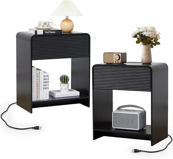 Fluted Nightstand Set of 2 with Charging Station, Modern Bed Side Table End Table with Drawer Storage, Large Wooden Night Stands Bedside for Bedroom Living Room Sofa Office, Black 2 Sets