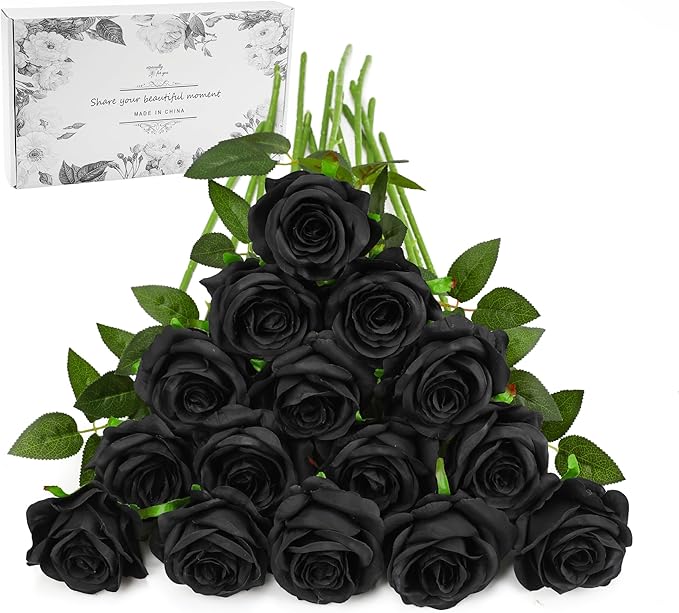 Black Fake Roses Artificial Flowers - 16 Pcs Fake Artificial Roses Silk Flowers with Stems for Home Wedding Hotel Office Centerpiece Decor