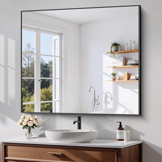 Black Bathroom Mirror for Wall, 36x40 Inch Rectangle Mirrors with Metal Frame, Modern Rectangular Wall Mirror for Bathroom Living Room, Entryway Hangs Horizontal or Vertical