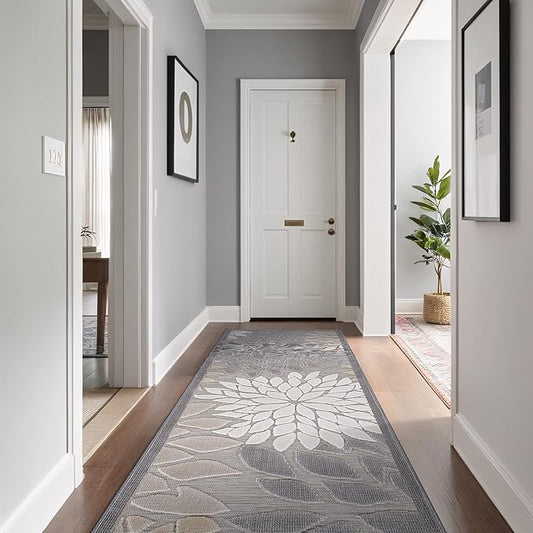 Beverly Rug Outdoor Runner Rug 2x7 Modern Floral Tropical Area Rugs for Indoor and Outdoor Patio Easy to Clean Non Shedding Living Room Porch Garden Washable Outside Carpet (2 x 7 Gray)