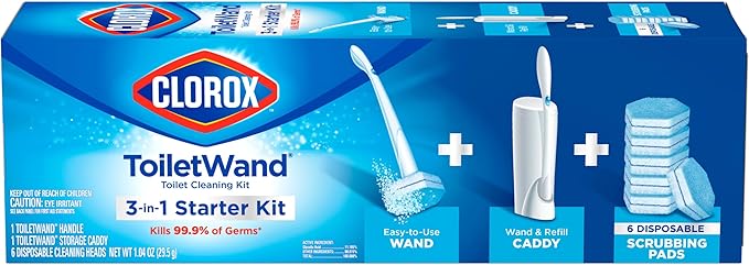 Clorox Original Cleaning System, ToiletWand, Storage Caddy, 6 Refill Heads, Dorm Room Essentials, (Package May Vary)