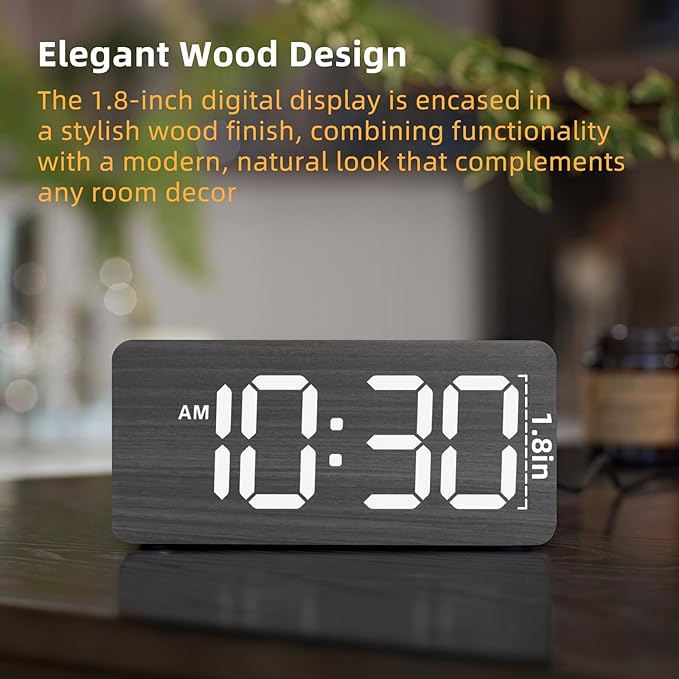 uscce Wooden Digital Alarm Clocks for Bedrooms: Dimmable Dual Alarm Clock with Large Numbers for Bedside Desk - Loud Alarm for Heavy Sleepers with Volume Control - Wood Decor & Gifts