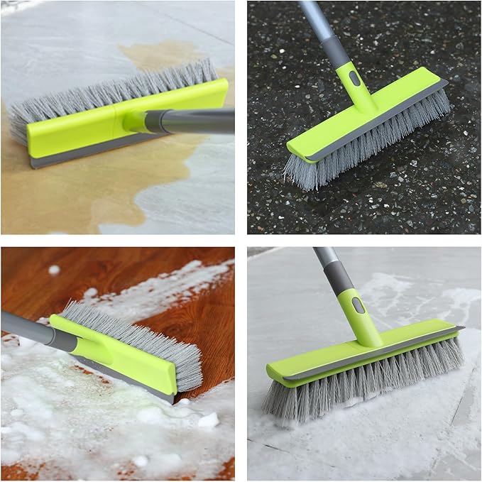 Floor Scrub Brush 2 in 1 Scrape and Stiff Bristle Deck Brush for Cleaning Concrete, Patio, Garage, Kitchen, Carpet and Bathroom 57" Long Handle