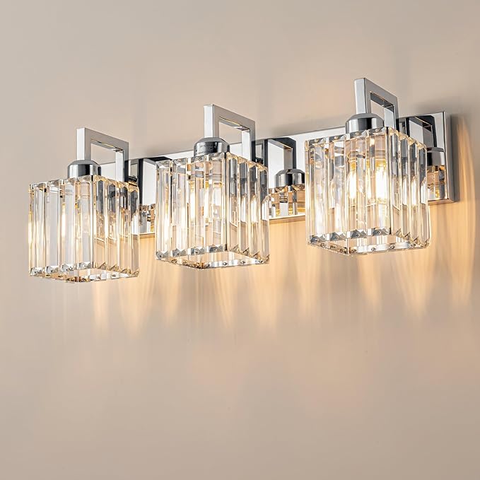 Modern Bathroom Vanity Light 3-Lights Chrome Crystal Wall Lamp Bathroom Modern Crystal Vanity Lighting