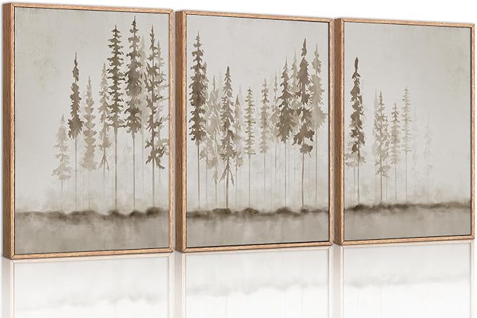 HPINUB Misty Forest Framed Canvas Wall Art Set, Foggy Pine Tree Wall Decor, Pastel Nature Landscape Wall Painting, Evergreen Coniferous Plant Art Print for Living Room, Bedroom, Office-24 x36 x3