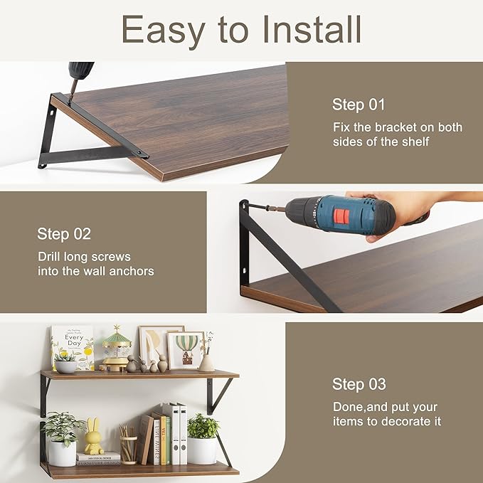 Deep Floating Shelves, 12 Inch Deep Floating Shelves for Wall, 24"W x 12"D Wall Shelves for Books, Large Rustic Wooden Shelf, Wide Display Shelf for Bathroom, Living Room, Walnut Color, Set of 2