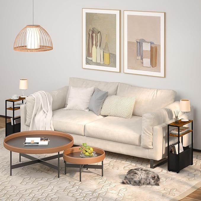 Narrow Side Table, Slim End Tables with Fabric Basket, Skinny Table for Small Spaces, Thin Bedside Table for Living Room, Bedroom