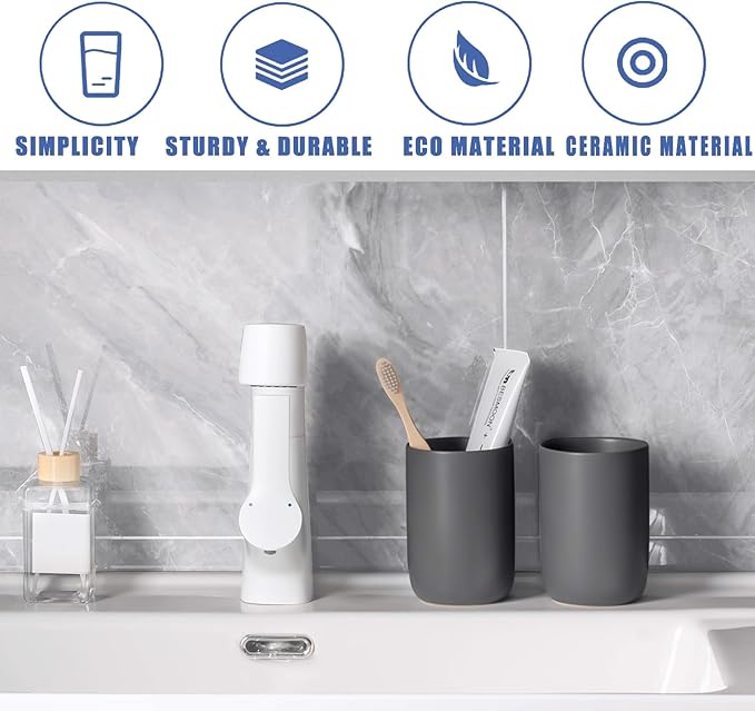 Matte Grey Toothbrush Holders - Ceramic Toothpaste Holders Set, Reusable Toothbrush Cup, Bathroom Counter Organizer