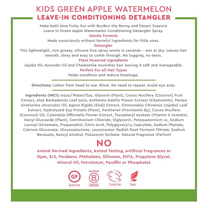 Desert Essence Kids Conditioing Detangler Spray 8.0 fl oz - Vegan, Gluten-Free. Cruelty-Free - Leaves hair smooth, shiny and easy to comb through - Gentle Formula