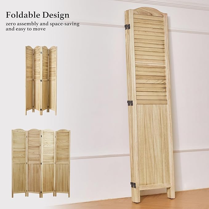 Room Partitions and Dividers, 68.9 Inch Temporary Wall with Double Hinges, Wooden Louver & MDF Stable Screens for Home Office Bedroom Coffeehouse Decoration (4 Panels, Wood Color)