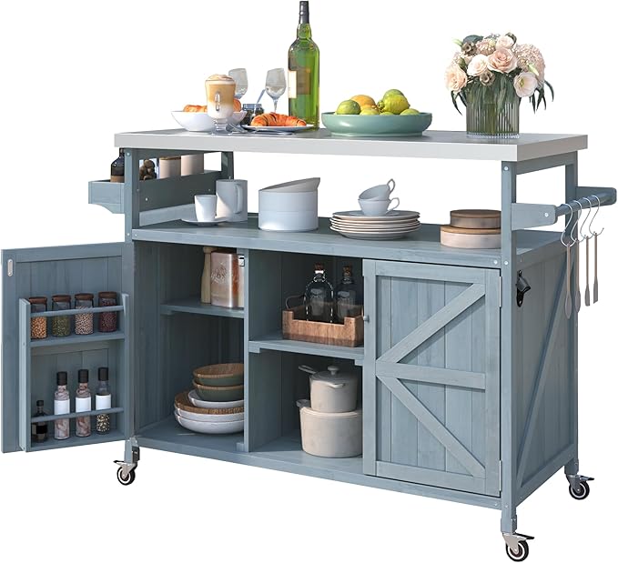 Outdoor Kitchen Island, Rolling Bar Cart & Storage Cabinet, Farmhouse Solid Wood Outdoor Grill Table with Stainless Steel Top, Spice Rack, Towel Rack for Kitchen & BBQ, Grey Blue