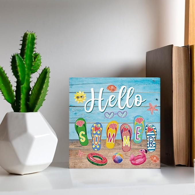 Summer Decor Hello Summer Decorations Flip Flop Wooden Sign Rustic Home Decor 5 x 5 Inches