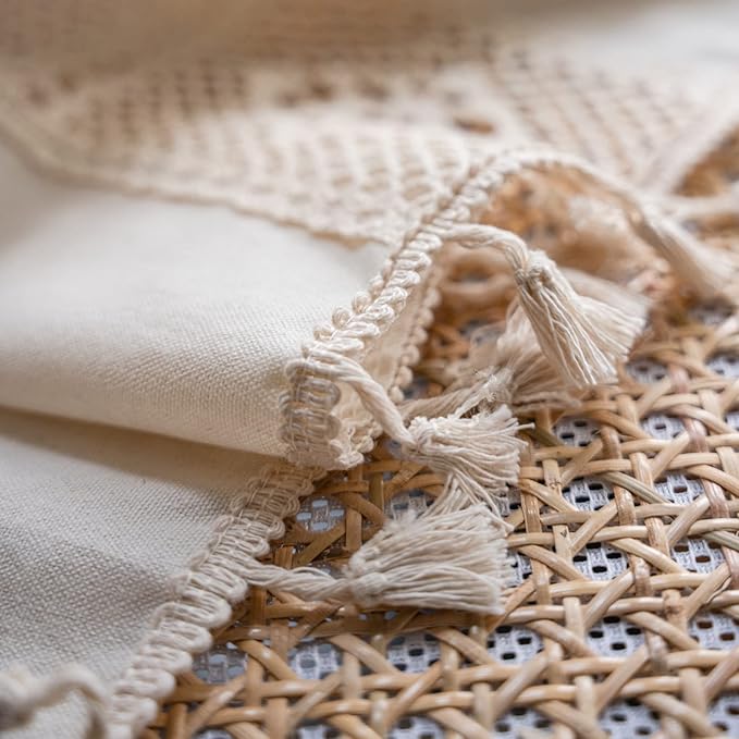 Sutuo Home Boho Curtain Crochet Lace Patchwork Semi-Blackout Bohemian Handmade Tassels, Rod Pocket Window Treatment Vintage Rustic Farmhouse Drapes for Bedroom, 1 Panel 59" W x 96" L, Beige