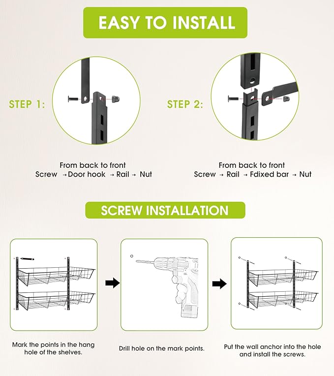 Over The Door Pantry Organizer, Wall Mount Spice Rack, Pantry Hanging Storage and Organization, 6 Adjustable Baskets Heavy-Duty Metal for Home & Kitchen, Back of Door Seasoning Rack - White