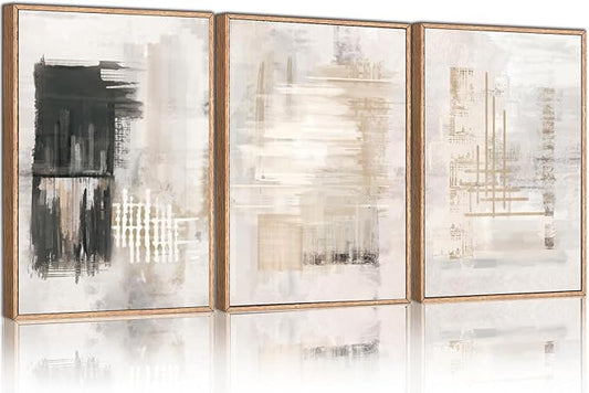 HPINUB Modern Abstract Canvas Wall Art, Set of 3 Framed Art Prints, Black and White Large Wall Painting, 16x24inch Neutral Minimalist Wall Decor for Living Room, Bedroom, Dining Room, Office, Bathroom