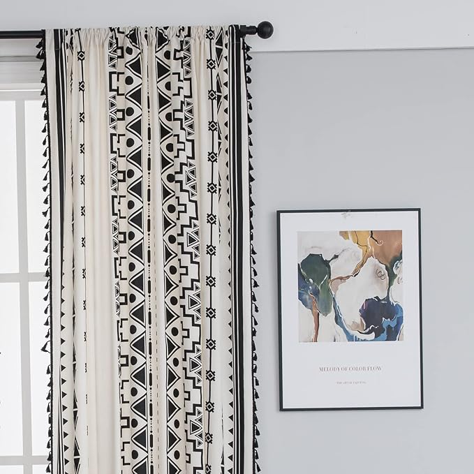 Sutuo Home Black and White Boho Curtain 84 Inches Length for Bedroom, Printed Cotton Linen Geometric Rod Pocket Chic Semi Blackout Bohemian Tassels Window Treatment, 1 Panel 59" W x 84" L