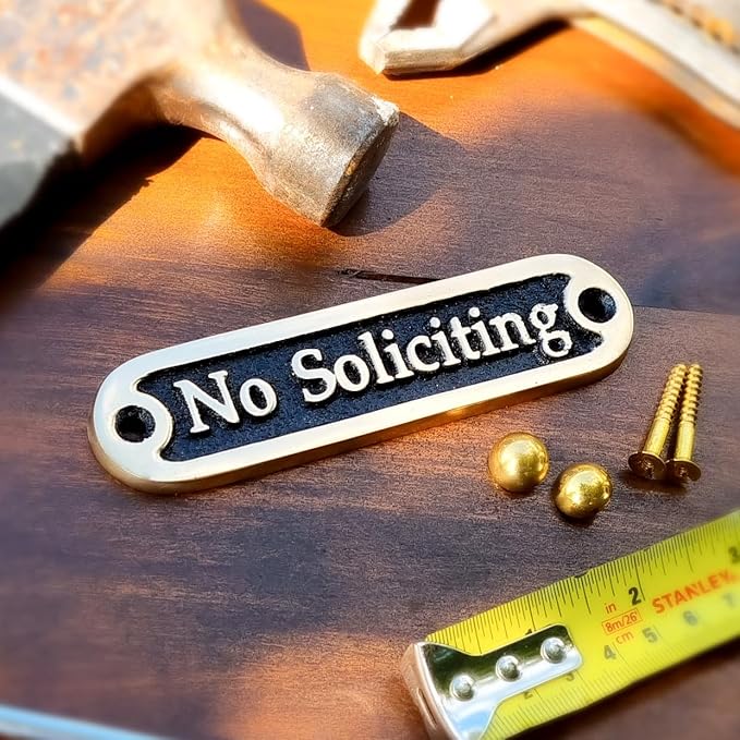 No Soliciting Brass Door Sign. Traditional Style Home Décor Wall Plaque Handmade By The Metal Foundry UK.