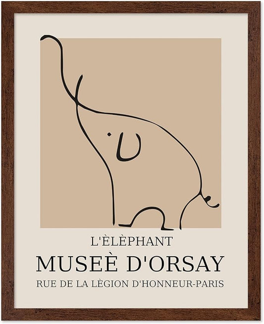 Poster Master Vintage Poster - Retro Minimalist Print - Gift for Artist, Housewarming - Elephant, Line Drawing, Sketch, Abstract - Wall Decor for Living Room, Bedroom, 16x20 Brown Framed