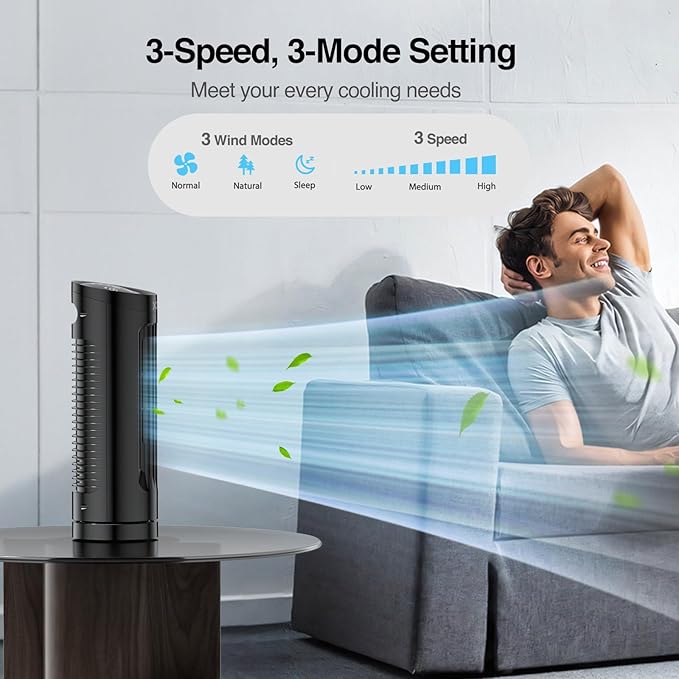 VCK 13'' Tower Fan for Bedroom,27ft/s Velocity Quiet Floor Fan,90° Bladeless Fan for Indoors with 3 Speeds,3 Modes,Oscillating Fans for Indoors,Portable Desk Table Fans for Room, Home,Office