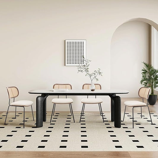 Rattan Dining Chairs Set of 4, Mid Century Modern Dining Chairs with Cane Back for Kitchen Dining Room, 19 Inch Faux Leather Beige