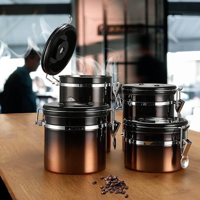 malmo Coffee Canister, Airtight Coffee Container with Date Tracker Lid, Stainless Steel Canister for Kitchen Food Storage (Black-Copper, 9oz)