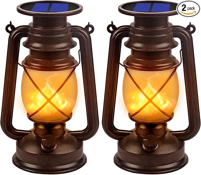 Solar Lantern Outdoor Hanging Solar Lights Dancing Flame Led Waterproof Camping Lamps, Landscape Decor for Table Patio Garden Yard Pathway Porch 2 Pack