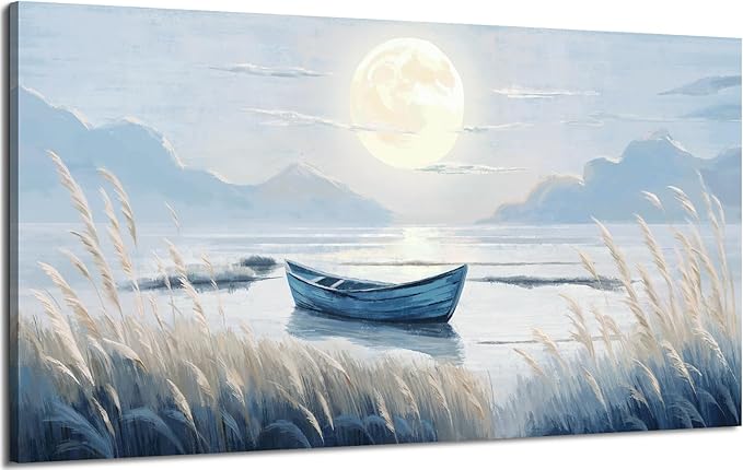 Large Wall Art for Living Room Bedroom Decor - Modern Nautical Beachy Ocean Beach Seascape Nature Artwork with Blue Boat Moon Lake Mountain Sea - Relaxing Serene Canvas Picture for Coastal Rustic Home