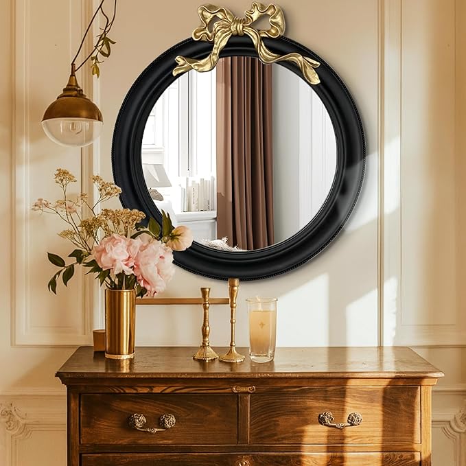 25x25 inch Bow Antique Round Mirror for Wall, Gold & Black Decorative Wall-Mounted Circle Mirror, Perfect for Bedroom, Hallway, Living Room Décor, and Bathroom Vanity