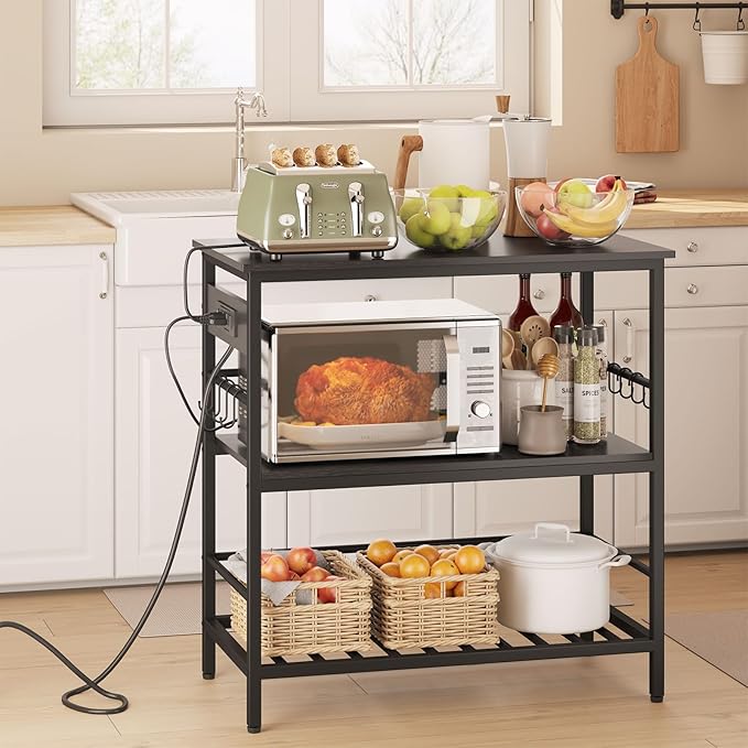 IBUYKE Kitchen Island with Storage, Bakers Rack with Power Outlet,Microwave Stand with Large Worktop,Rolling Bar Cart for Home, Outdoor, Kitchen,Black TMJ029B