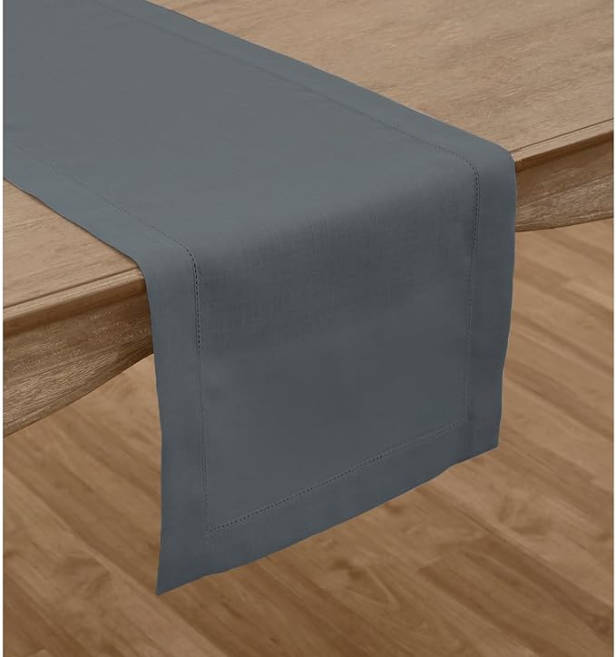 Solino Home Linen Hemstitch Table Runner 60 Inches - 100% Pure Linen Dark Grey Table Runner 14 x 60 Inch Ideal for Dresser and Coffee Tables - Classic Hemstitch - Thanksgiving