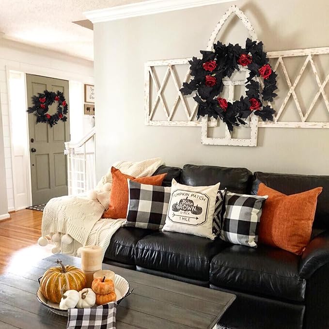 Artificial Black Garland Hanging Vine Artificial Floral Vines Fall Garland Hanging Flower Fake Rose Vines for Black and Burgundy Wedding Decor Halloween Indoor Outdoor Party Wall (Red Rose)