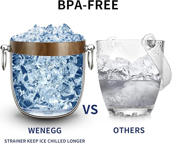 Ice Bucket with Lid, Scoop, Tongs and Strainer - Well Made Insulated Stainless Steel Keep Ice Frozen Longer - Ideal for Cocktail Bar, Parties, Chilling Wine, Champagne - 3 Liter (Teakwood)