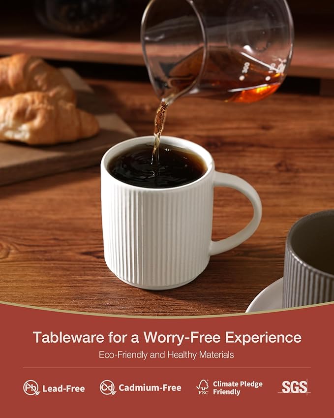 famiware Coffee Mug Set for 4, Star 12 oz Catering Mugs Cup Set with Handle for Coffee, Tea, Cocoa, Milk - Ceramic Stoneware Drinkware Set, Matte White + Matte Black